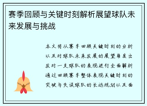 赛季回顾与关键时刻解析展望球队未来发展与挑战